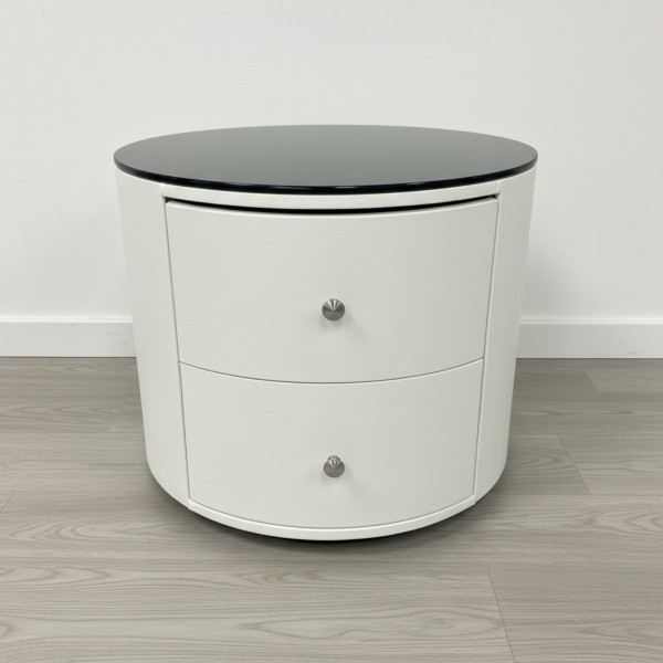Round Bedside Table with 2 Drawers - White PU Leather & 8mm Black Glass Top
