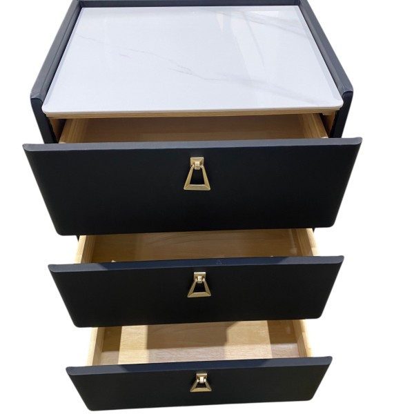 Black 3-Drawer Bedside Cabinets with Sintered Stone Tops – Set of 2
