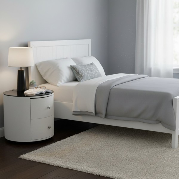 Round Bedside Table with 2 Drawers - White PU Leather & 8mm Black Glass Top