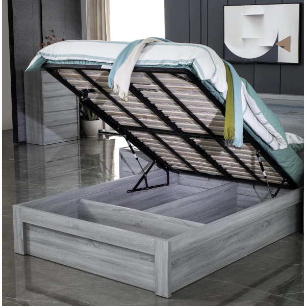 Cement Grey Double Gas Lift Storage Bed Suite | 3-Piece Bedroom Set with LED & USB