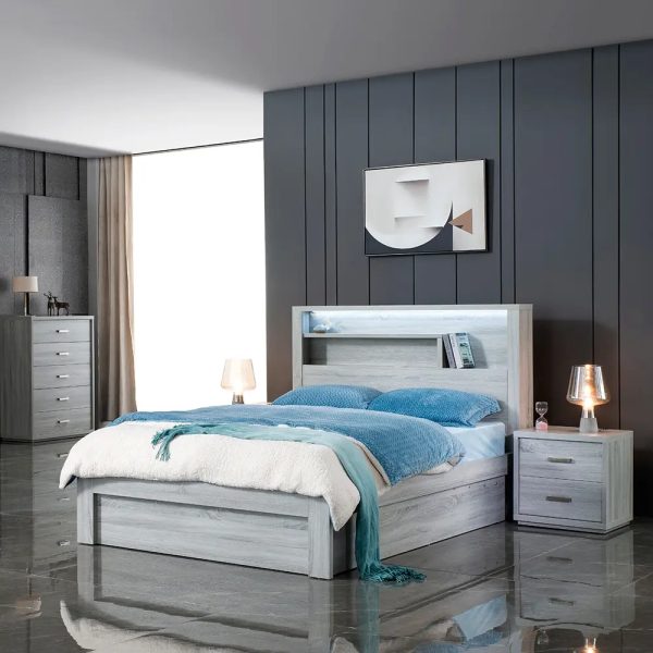 Cement Grey Double Gas Lift Storage Bed Suite | 3-Piece Bedroom Set with LED & USB