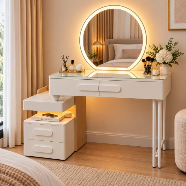 Modern Extendable Dressing Table with Touch LED Mirror & 4 Drawers – Cream White | 80–108cm Modern Extendable Dressing Table with Touch LED Mirror & 4 Drawers – Cream White | 80–108cm