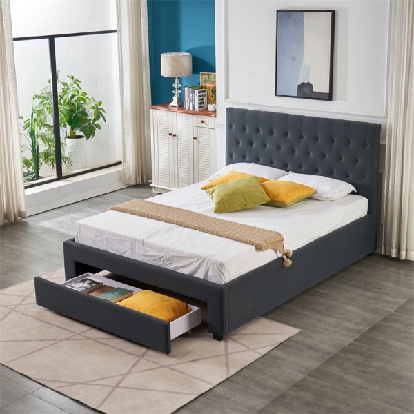 Charcoal Button Tufted Upholstered Bed Frame with Storage Drawer - King, Queen, Double, King Single Charcoal Button Tufted Upholstered Bed Frame with Storage Drawer - King, Queen, Double, King Single