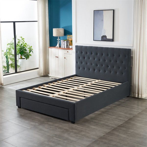 Charcoal Button Tufted Upholstered Bed Frame with Storage Drawer - King, Queen, Double, King Single