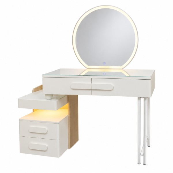Modern Extendable Dressing Table with Touch LED Mirror & 4 Drawers – Cream White | 80–108cm