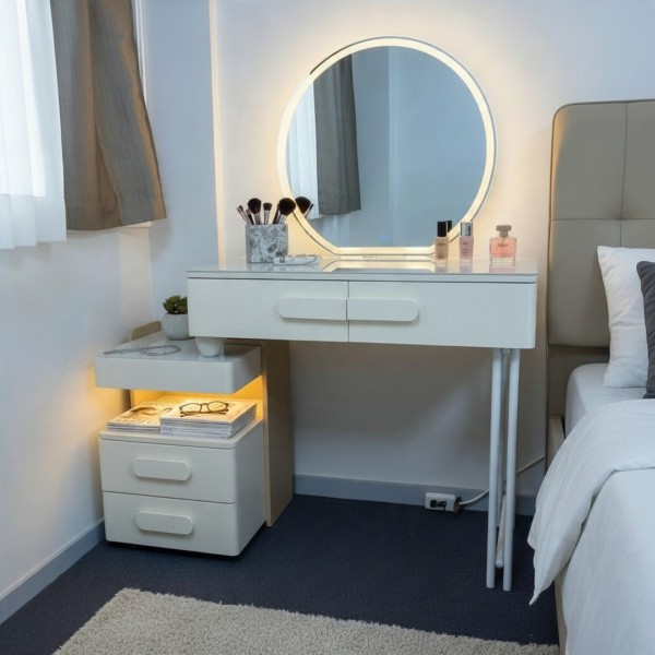 Modern Extendable Dressing Table with Touch LED Mirror & 4 Drawers – Cream White | 80–108cm Modern Extendable Dressing Table with Touch LED Mirror & 4 Drawers – Cream White | 80–108cm