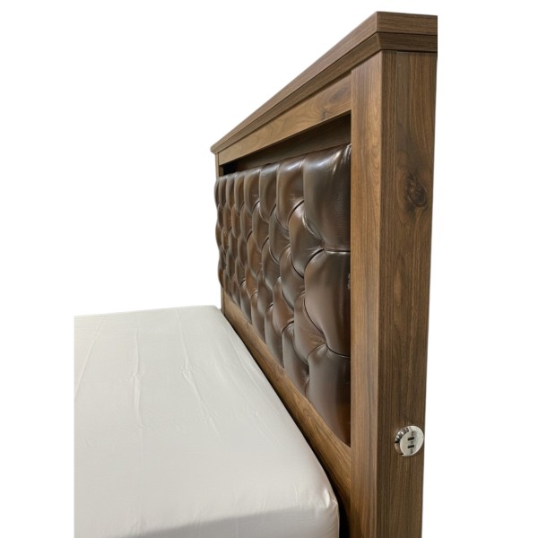 Walnut Queen Wooden Storage Bed Frame with Genuine Leather Headboard, LED & USB Charging NZ