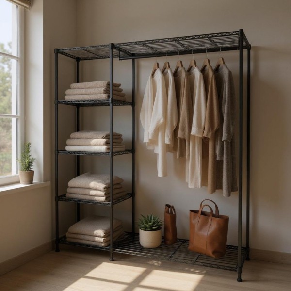 1200mm Adjustable Clothes Rack with Shelves – Heavy Duty Garment Rack Black | NZ Bedroom Storage
