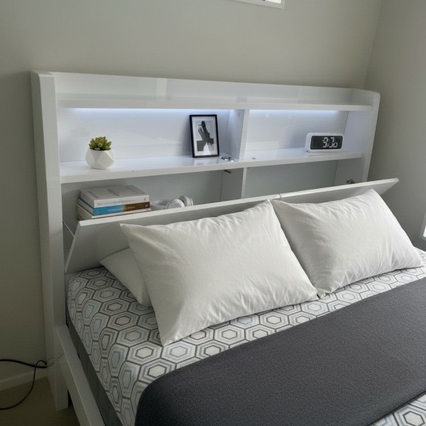 White High-Gloss Gas Lift Storage Bed Frame-Queen,Double