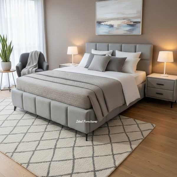 Mellow Queen Fabric Bed Frame NZ – Light Grey Upholstered Bed with Padded Headboard