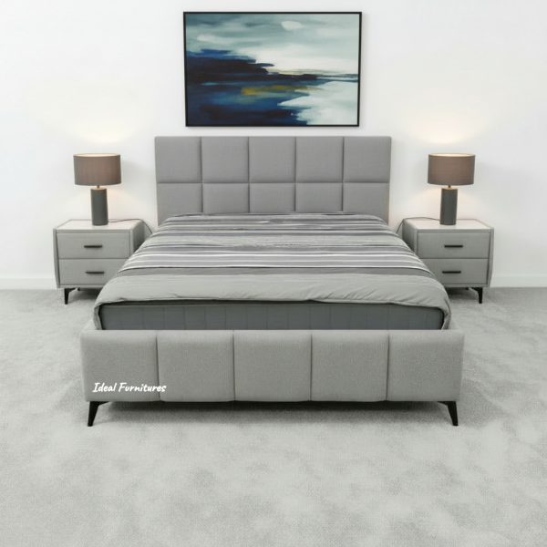 Mellow Queen Fabric Bed Frame NZ – Light Grey Upholstered Bed with Padded Headboard Mellow Queen Fabric Bed Frame NZ – Light Grey Upholstered Bed with Padded Headboard