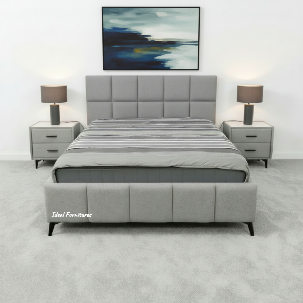 Mellow Queen Fabric Bed Frame - Light Grey Padded Headboard Mellow Queen Fabric Bed Frame - Light Grey Padded Headboard