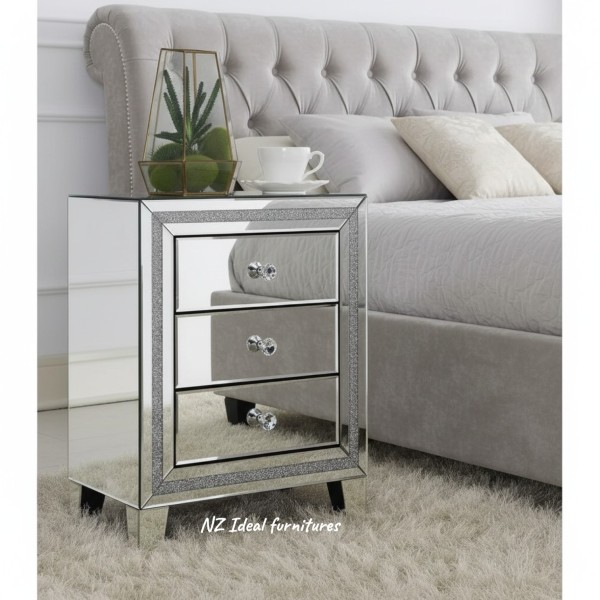 Hollywood Regency Crushed Diamond Mirrored Bedside Cabinet-Single / Pair Options-3 Drawer Luxury Storage