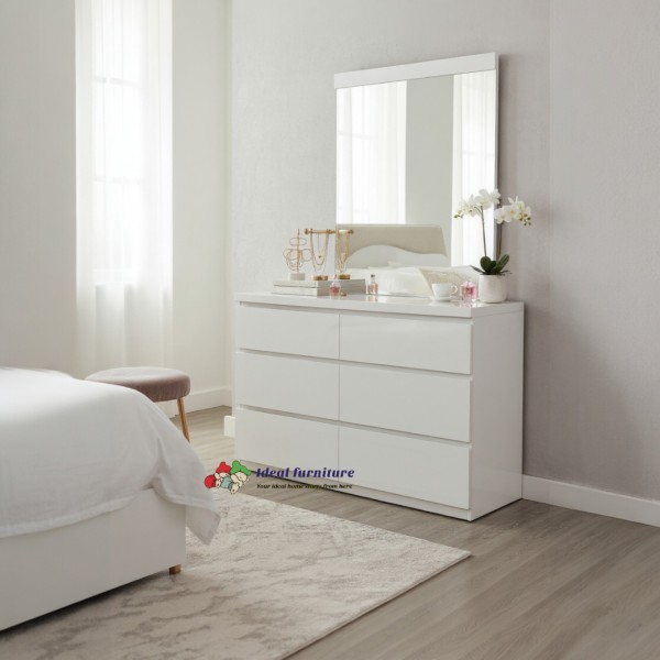 Modern 6-Drawer High-Gloss White Dressing Table with Mirror – NZ Contemporary Series