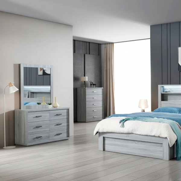 Modern 6-Drawer Dresser with Mirror – Cement Grey Wood Grain Modern 6-Drawer Dresser with Mirror – Cement Grey Wood Grain