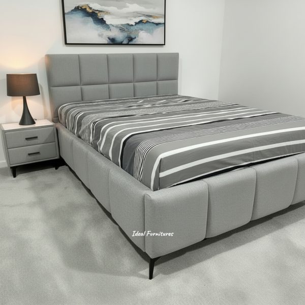 Mellow Queen Fabric Bed Frame NZ – Light Grey Upholstered Bed with Padded Headboard