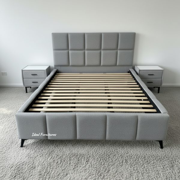 Mellow Queen Fabric Bed Frame NZ – Light Grey Upholstered Bed with Padded Headboard Mellow Queen Fabric Bed Frame NZ – Light Grey Upholstered Bed with Padded Headboard