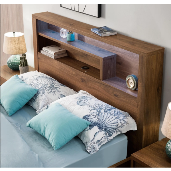 Rustic Walnut Gas Lift Storage Bed Frame with LED & USB | Queen & Double