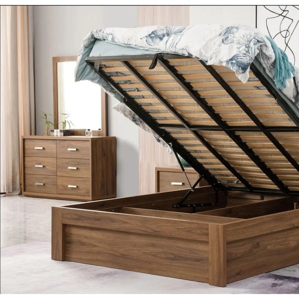 Rustic Walnut Gas Lift Storage Bed Frame with LED & USB | Queen & Double