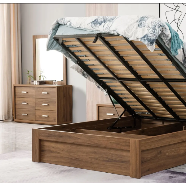 Rustic Walnut Gas Lift Storage Bed Frame with LED & USB | Queen & Double Rustic Walnut Gas Lift Storage Bed Frame with LED & USB | Queen & Double