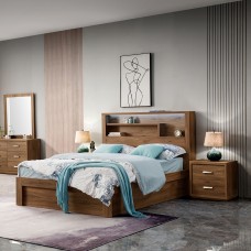 Rustic Walnut Gas Lift Storage Bed Frame with LED & USB | Queen & Double - Queen size