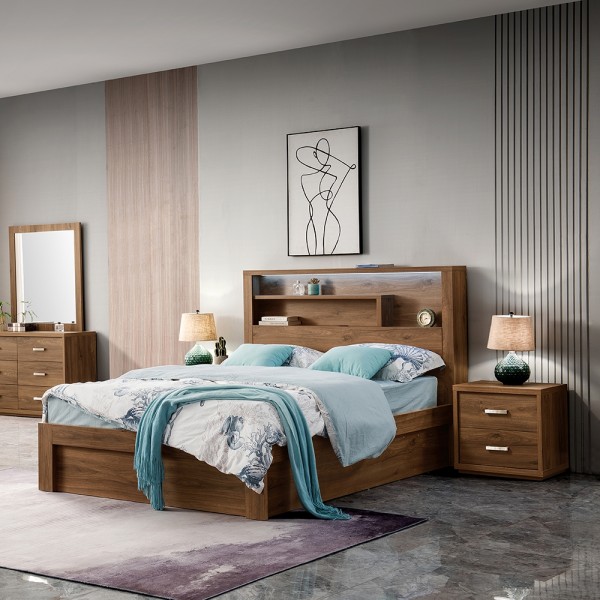 Rustic Walnut Gas Lift Storage Bed Frame with LED & USB | Queen & Double