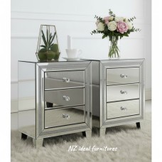 Hollywood Regency Crushed Diamond Mirrored Bedside Cabinet-Single / Pair Options-3 Drawer Luxury Storage - Pair