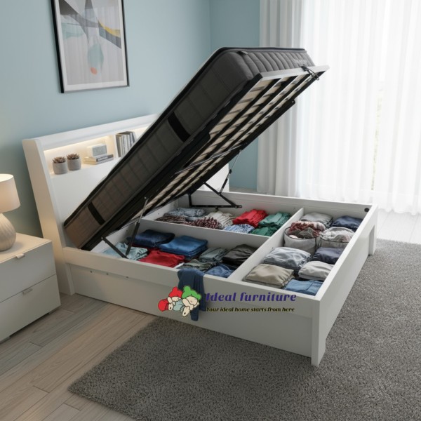 White High-Gloss Gas Lift Storage Bed Frame-Queen,Double