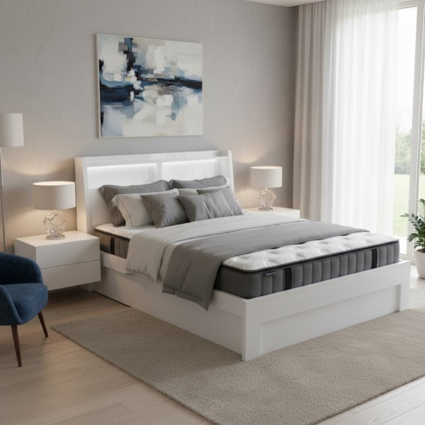 White High-Gloss Gas Lift Storage Bed Frame-Queen,Double