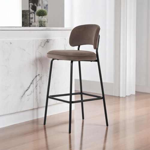 Light Coffee Velvet Bar Stool - 75cm Kitchen Island Stool with Black Metal Legs