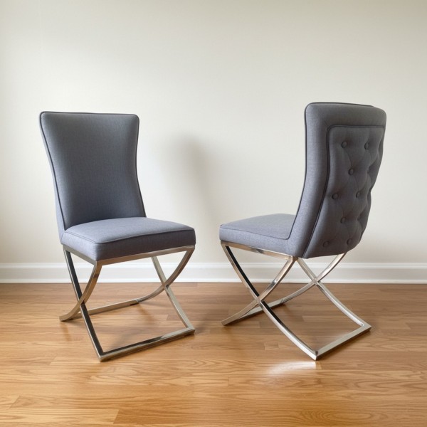 Grey Button Tufted Dining Chair – Cotton Linen Fabric with Stainless Steel X-Frame Legs | Modern NZ