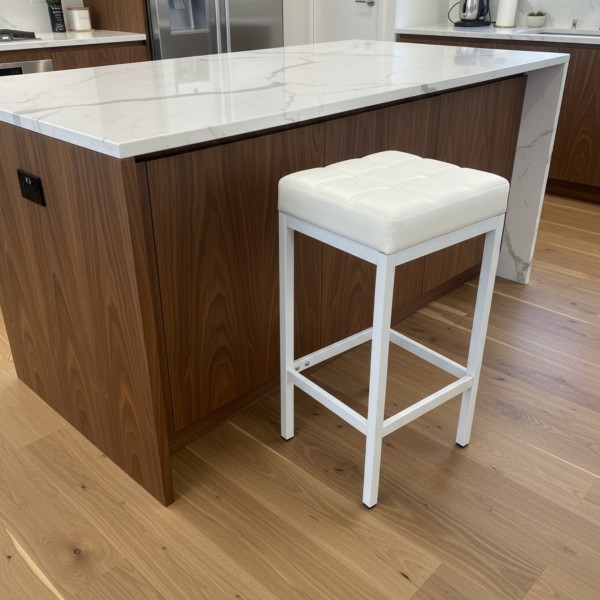 Set of 2 White Leather Bar Stools with White Metal Legs Set of 2 White Leather Bar Stools with White Metal Legs