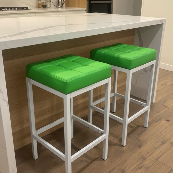 Set of 2 Apple Green Leather Bar Stools with White Metal Legs Set of 2 Apple Green Leather Bar Stools with White Metal Legs