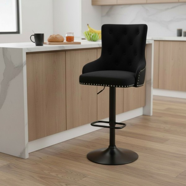 Black Velvet Bar Stool with Backrest & Adjustable Height – Tufted Swivel Kitchen Stool NZ
