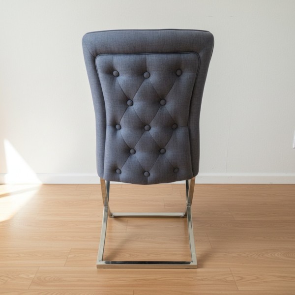 Grey Button Tufted Dining Chair – Cotton Linen Fabric with Stainless Steel X-Frame Legs | Modern NZ Grey Button Tufted Dining Chair – Cotton Linen Fabric with Stainless Steel X-Frame Legs | Modern NZ