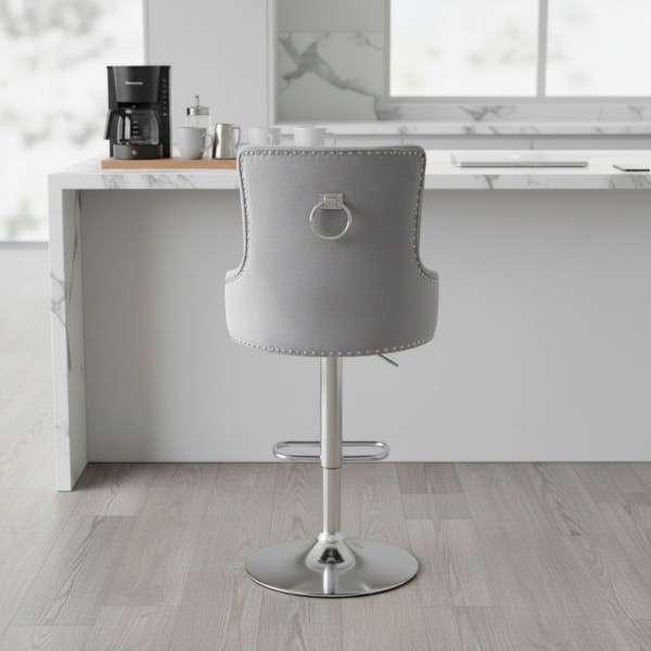 Grey Velvet Adjustable Bar Stool with Backrest & Chrome Base – Swivel Kitchen Stool NZ
