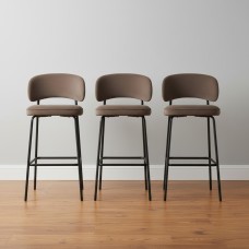Set of 3 Velvet Bar Stools – Light Coffee & Black Metal – 75cm Seat Height