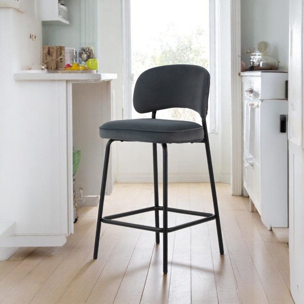 Modern Dark Grey Velvet Counter Stool with Black Metal Legs - 65cm Kitchen Bar Stool