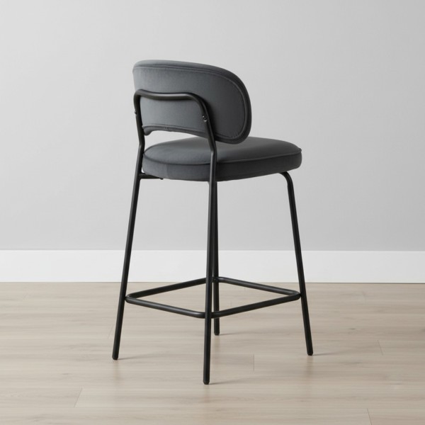 Modern Dark Grey Velvet Counter Stool with Black Metal Legs - 65cm Kitchen Bar Stool