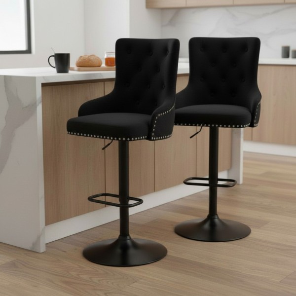 Black Velvet Bar Stool with Backrest & Adjustable Height – Tufted Swivel Kitchen Stool NZ