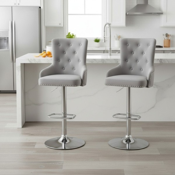 Grey Velvet Adjustable Bar Stool with Backrest & Chrome Base – Swivel Kitchen Stool NZ