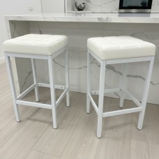 Set of 2 White Leather Bar Stools with White Metal Legs