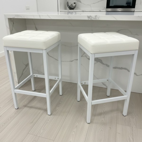 Set of 2 White Leather Bar Stools with White Metal Legs