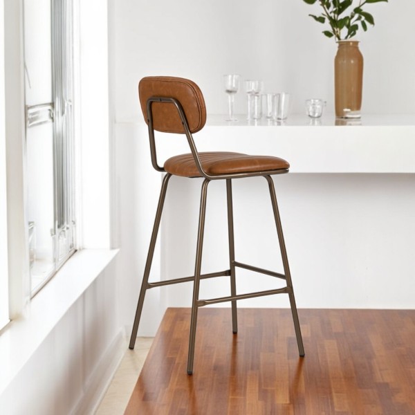75cm Brown Leather Bar Stool – Industrial Bronze Metal Frame High Kitchen Stool NZ