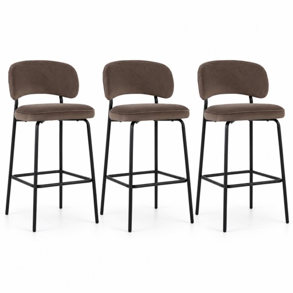  Velvet Bar Stools Set of 3 – Light Coffee, 75cm Seat Height
