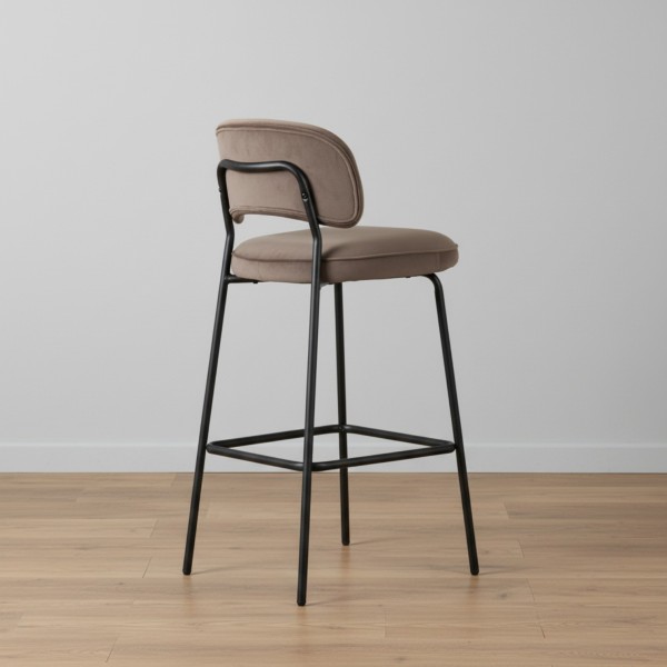 Light Coffee Velvet Bar Stool - 75cm Kitchen Island Stool with Black Metal Legs