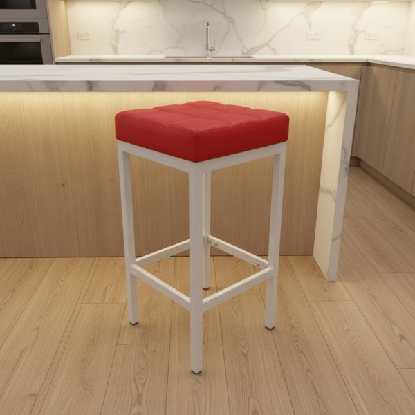 Set of 2 Red Leather Bar Stools with White Metal Legs Set of 2 Red Leather Bar Stools with White Metal Legs