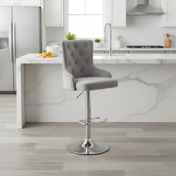Grey Velvet Adjustable Bar Stool with Backrest & Chrome Base – Swivel Kitchen Stool NZ