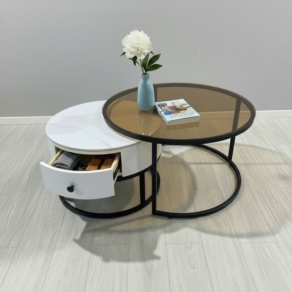 Set of 2 Nesting Round Coffee Table with Drawer – Brown Tinted Glass & White Sintered Stone Top Set of 2 Nesting Round Coffee Table with Drawer – Brown Tinted Glass & White Sintered Stone Top