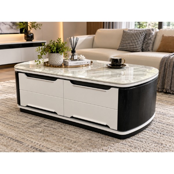 Knoll Marble Top Coffee Table with 4 Drawers – Black & White Knoll Marble Top Coffee Table with 4 Drawers – Black & White